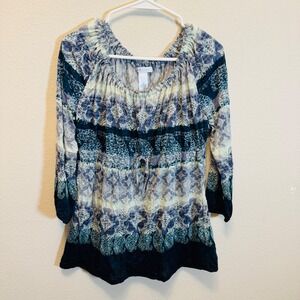 Liz Wear Women's Size M Blue White Floral Print Boho Off Shoulder Tunic‎ Top